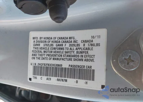 2012 Honda Civic Ex z USA, uszkodzony, nr VIN 2HGFB2F83CH530669